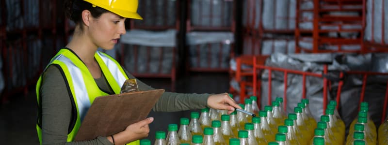 female product quality inspector checking bottles and beverage